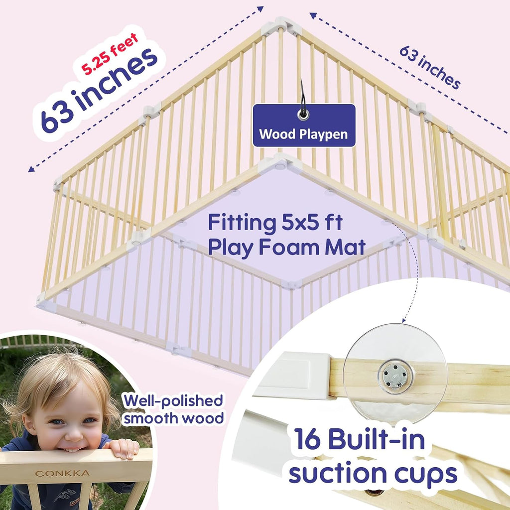 Foldable Wooden Playpen Baby Gate for Babies 3-18 Months-5.3x5.3 ft | 25" Tall Wood Playard Double-Locking for
