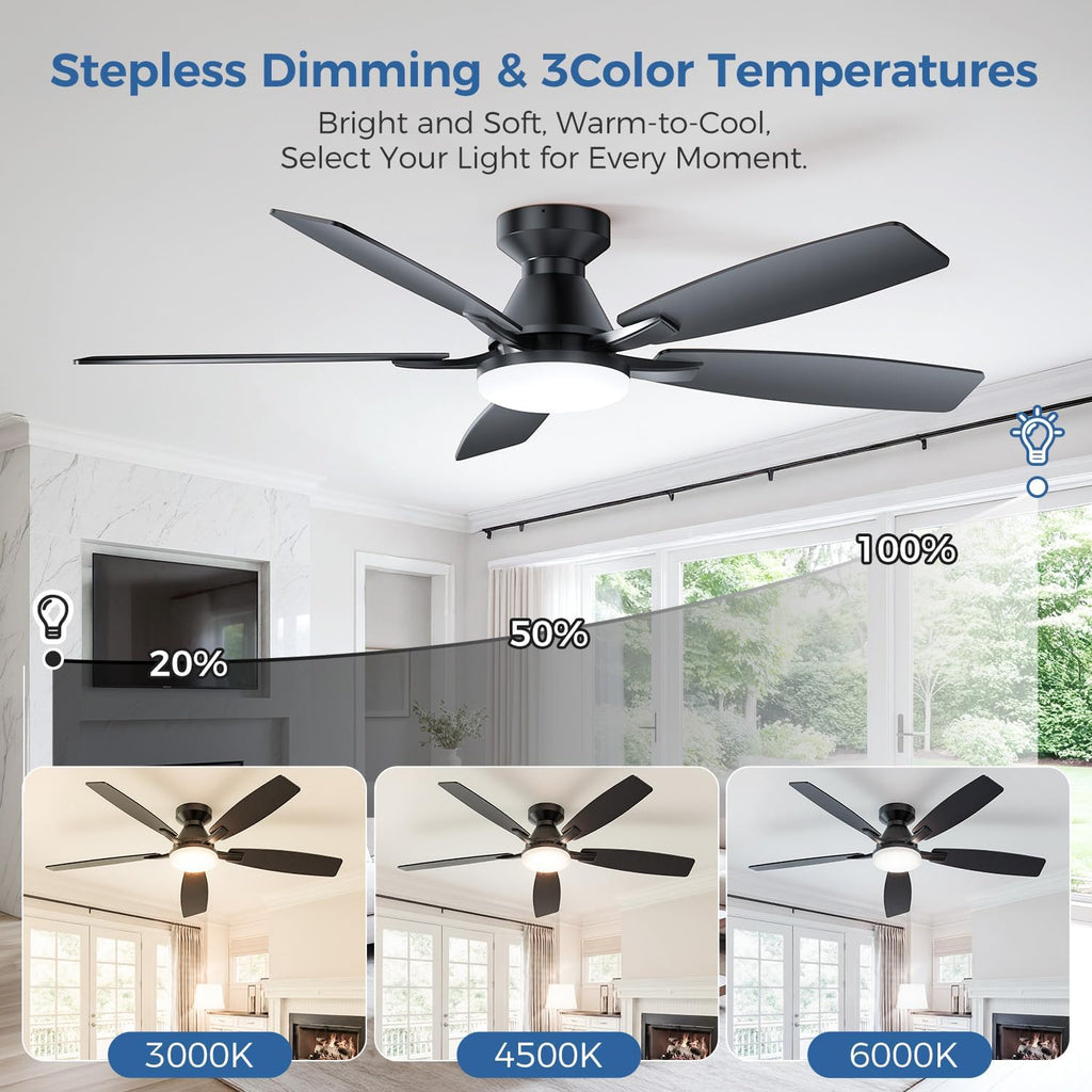 52 Inch Ceiling Fans with Lights, Remote & App Control, Quiet Reversible DC Motor, 6 Speeds, Dimmable 3CCT LED Light