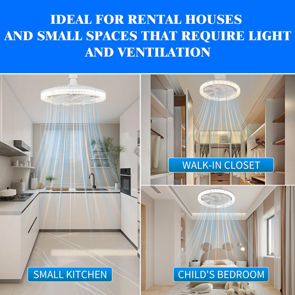 Light Socket Fan with Remote 12”, Screw in Socket Fan Light with Dimmable Brightness and Color Temp, Socket Modern Flush Mount Low Profile Ceiling Fan for Bedroom, Small Living Room, Kitchen