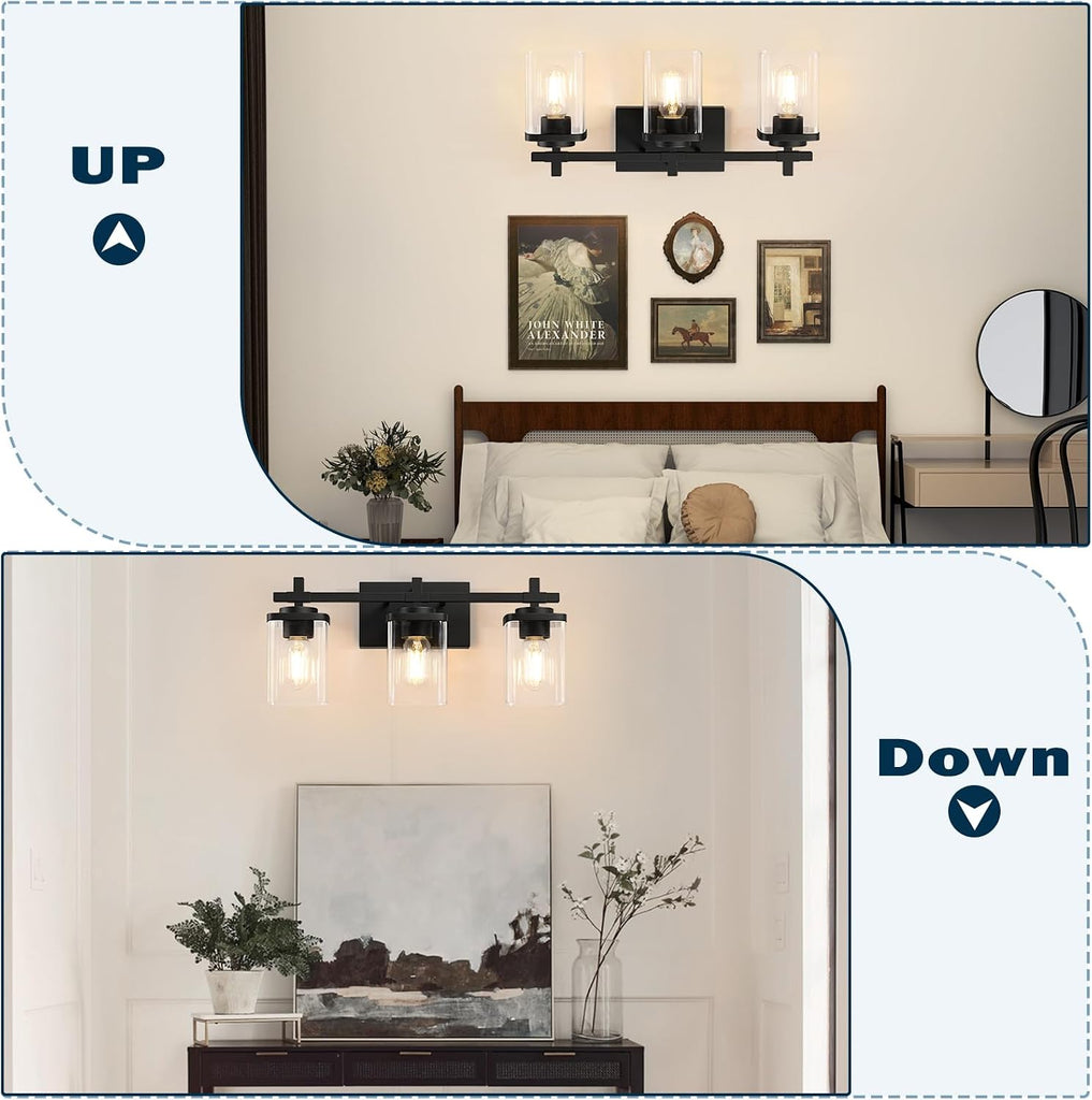 3-Lights Bathroom Vanity Light Fixtures, Modern Black Vanity Lights Over Mirror with Clear Glass Shade , Wall Mounted
