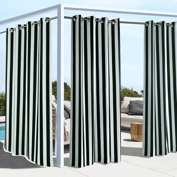 Decor Coastal Stripe Outdoor Curtain Panel - Black Grommet Top 52 x 63