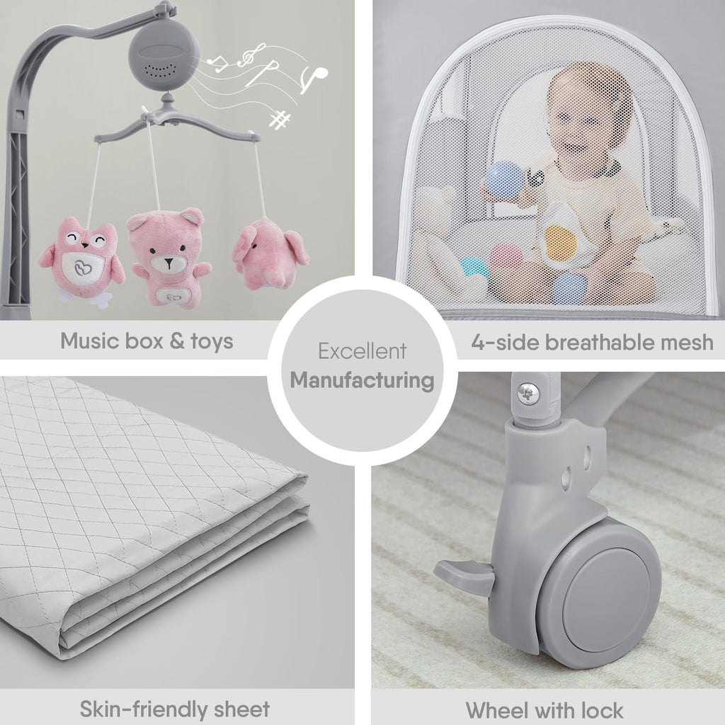 Baby Bassinet Bedside Crib, Pack and Play with Mattress, Diaper Changer and Playards from Newborn to Toddles,Pink