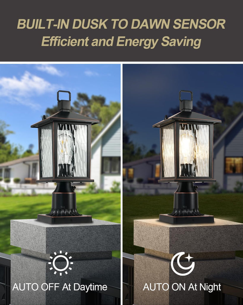 Dusk to Dawn Outdoor Post Light, Hardwired Oil-Rubbed Bronze Pole Lantern with Pier Mount Base, Water Ripple Glass