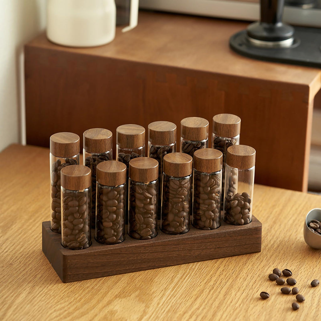 Coffee Bean Storage, Coffee Storage Container with Walnut Solid Wood Base, Coffee Bean Container, 12 Tubes Single Dose