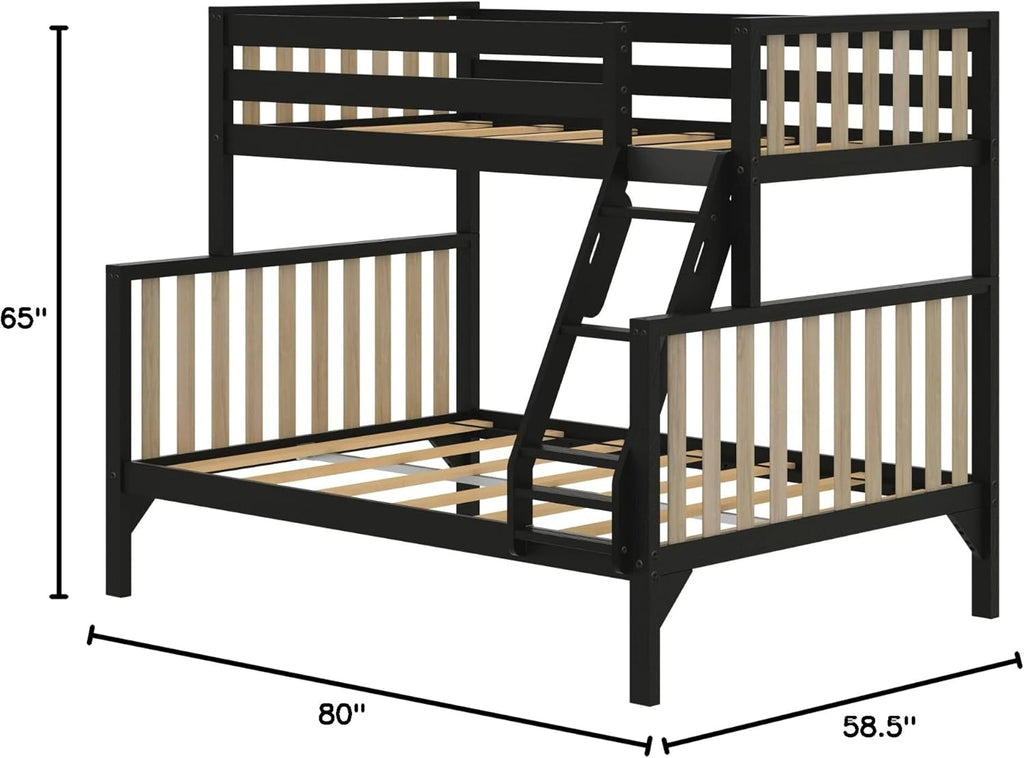 Bunk Bed, Scandinavian Modern Bunk Bed, Solid Wood Twin Over Full Bed Frame for Kids, No Box Spring Needed, Black/Blonde