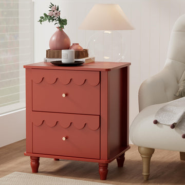 Red Nightstand with Petal Pattern, Modern Night Stand with 2 Drawers, Side End Table Scalloped Bedside Night Tables