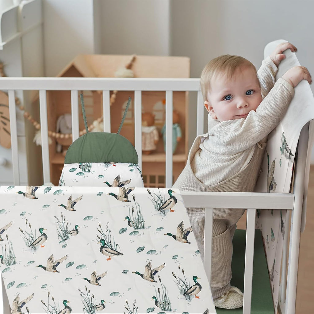 4 Piece Mallard Duck Crib Bedding Set Including Mallard Duck Crib Skirt, Blanket, Crib Sheet and Diaper Stacker, Soft