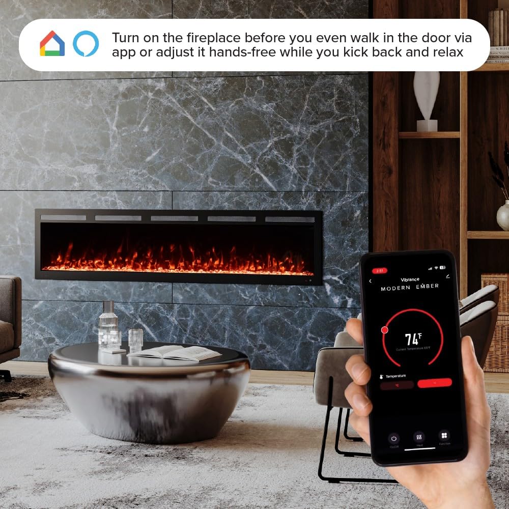 Vibrance 72 Inch Smart Linear Electric Fireplace Insert - Recessed or Wall-Mount, LED Multi-Flame Colors, Alexa/WiFi