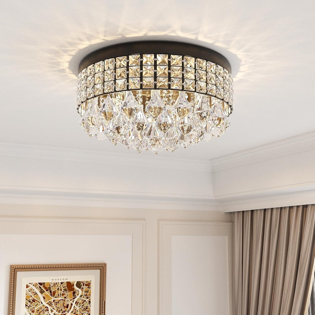 4 Lights Crystal Chandelier, Recessed Drum Ceiling Light, Mini Crystal Flush Mount Round Metal Shade Raindrop