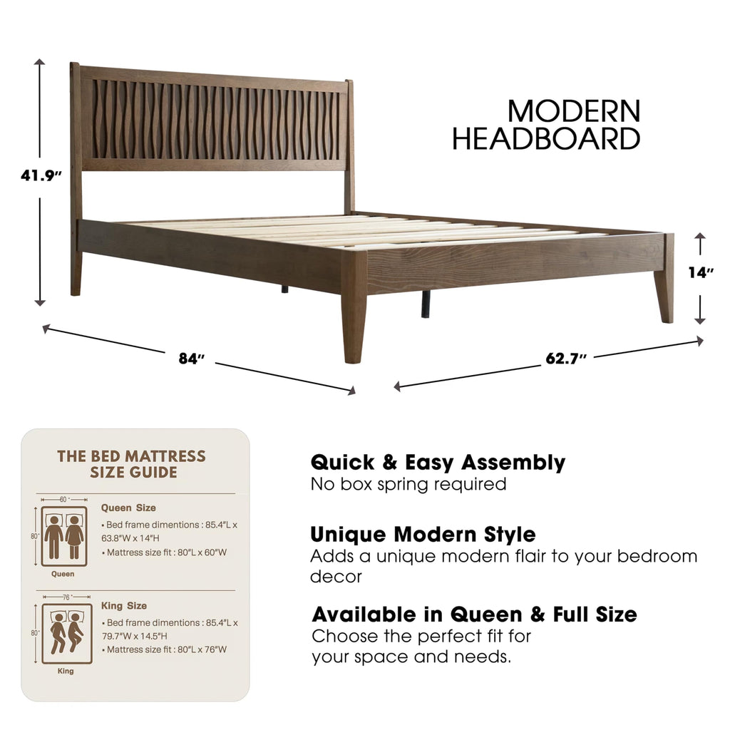 Queen Size Bed Frame with Headboard & Footboard Solid Wood Platform Bed, Metal Legs, 12 Sturdy Slatted Structure, No