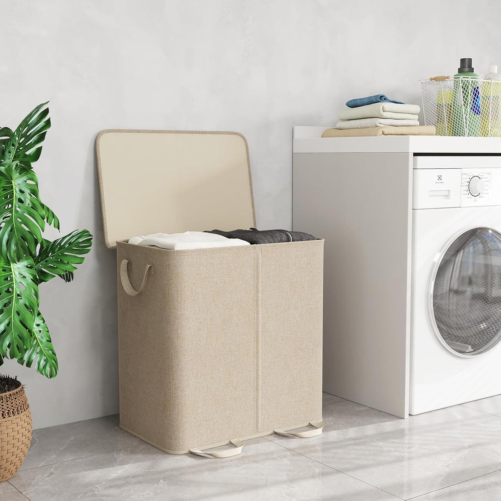 Double Laundry Hamper with Lid and Removable Laundry Bags, Large Collapsible 2 Dividers Dirty Clothes Basket with