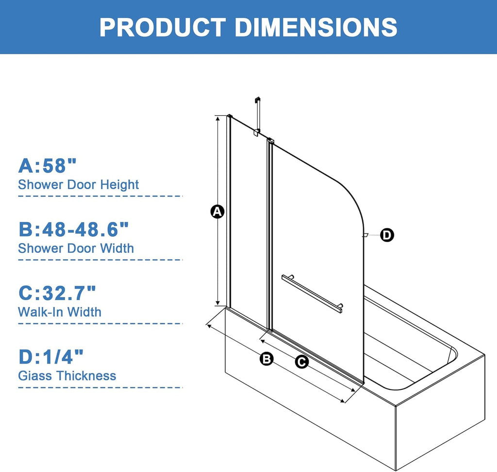 48" W x 58" H Bathtub Shower Door, Frameless Glass Shower Door with 1/4" (6mm) Clear Tempered Glass