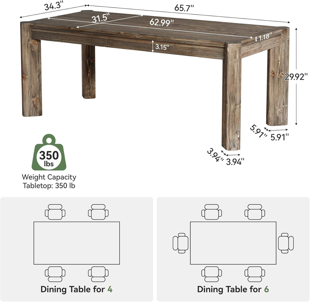 Solid Wood Dining Table for 6 People, 63" Farmhouse Kitchen Table with Heavy Duty Legs, Rectangular Dining Room
