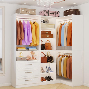 Closet System with 3 Drawers, Corner Closet Organizer Systems with 7 Shelves & 5 Hanging Rods L-Shaped Walk in Closet