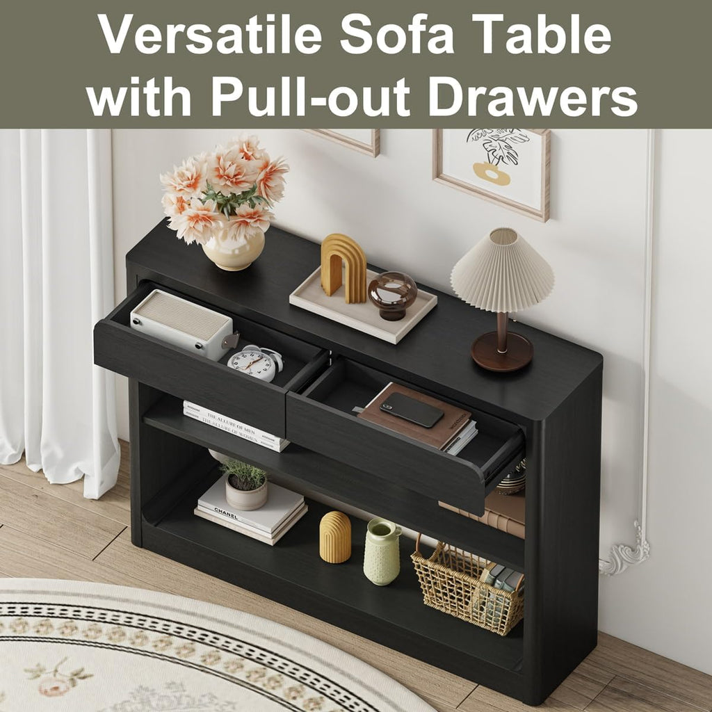 Console Table with 2 Drawers, 43.3 Inch Farmhouse Narrow Entryway Table with Storage Shelves, Rustic Sofa Tables