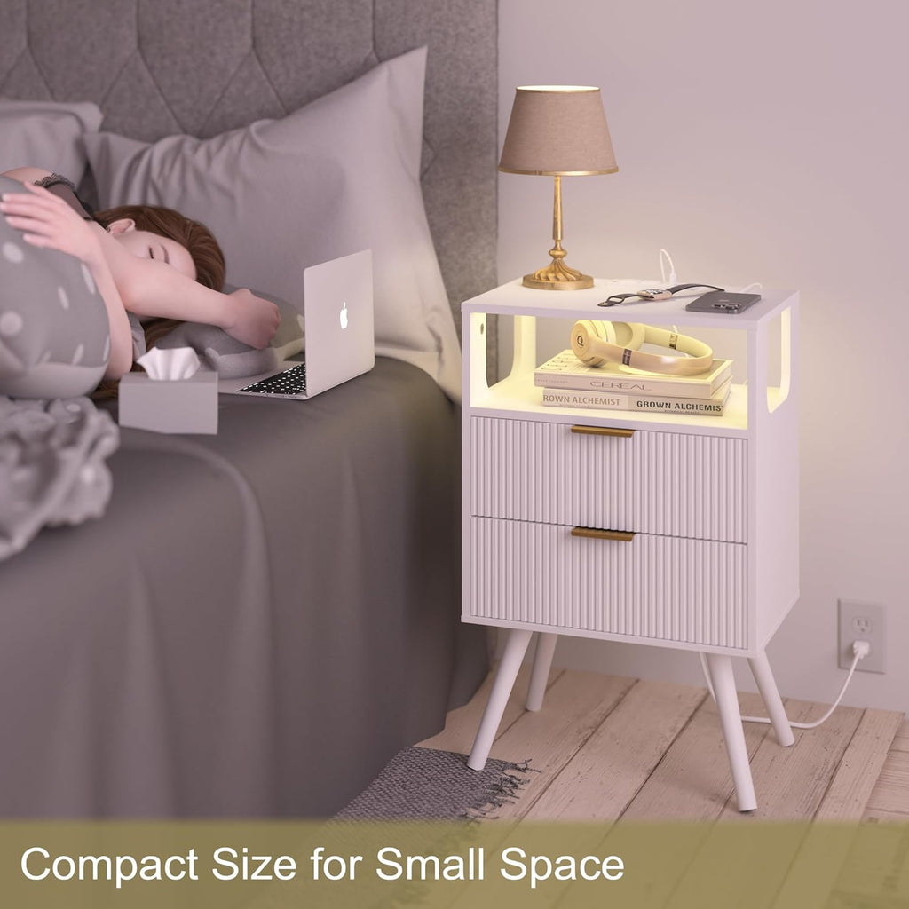 White Nightstand with Charging Station and LED Lights,Modern Bedside Table with 2 Storage Drawer and Open Wood Shelf