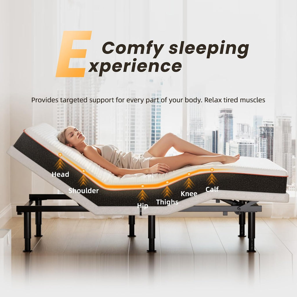Queen Adjustable Bed Frame with Wireless Remote, Head Foot Incline, USB, Underbed Light - Heavy Duty Platform, Zero