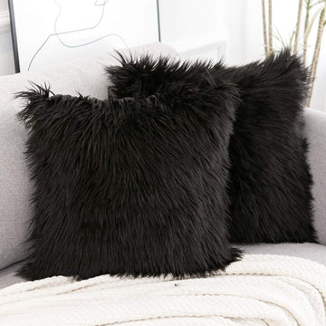 Black Faux Fur Throw Pillow Covers 18x18 Inch Set of 2, Luxury Fluffy Shaggy Plush Cushion Cases, Soft Fuzzy Pillow