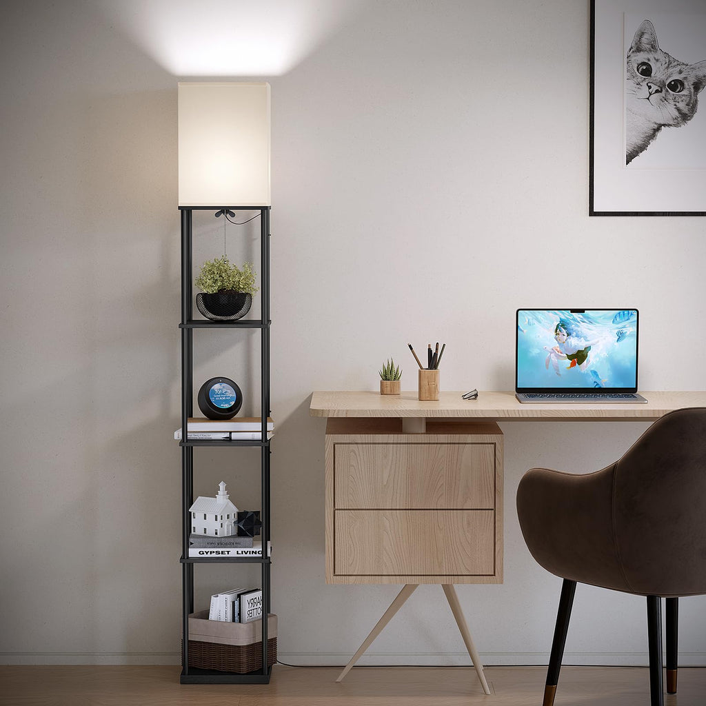 5 Tier Floor Lamp with Shelves, Modern Square Standing Lamp with 3 Color Temperature Bulb, Corner Display Bookshelf