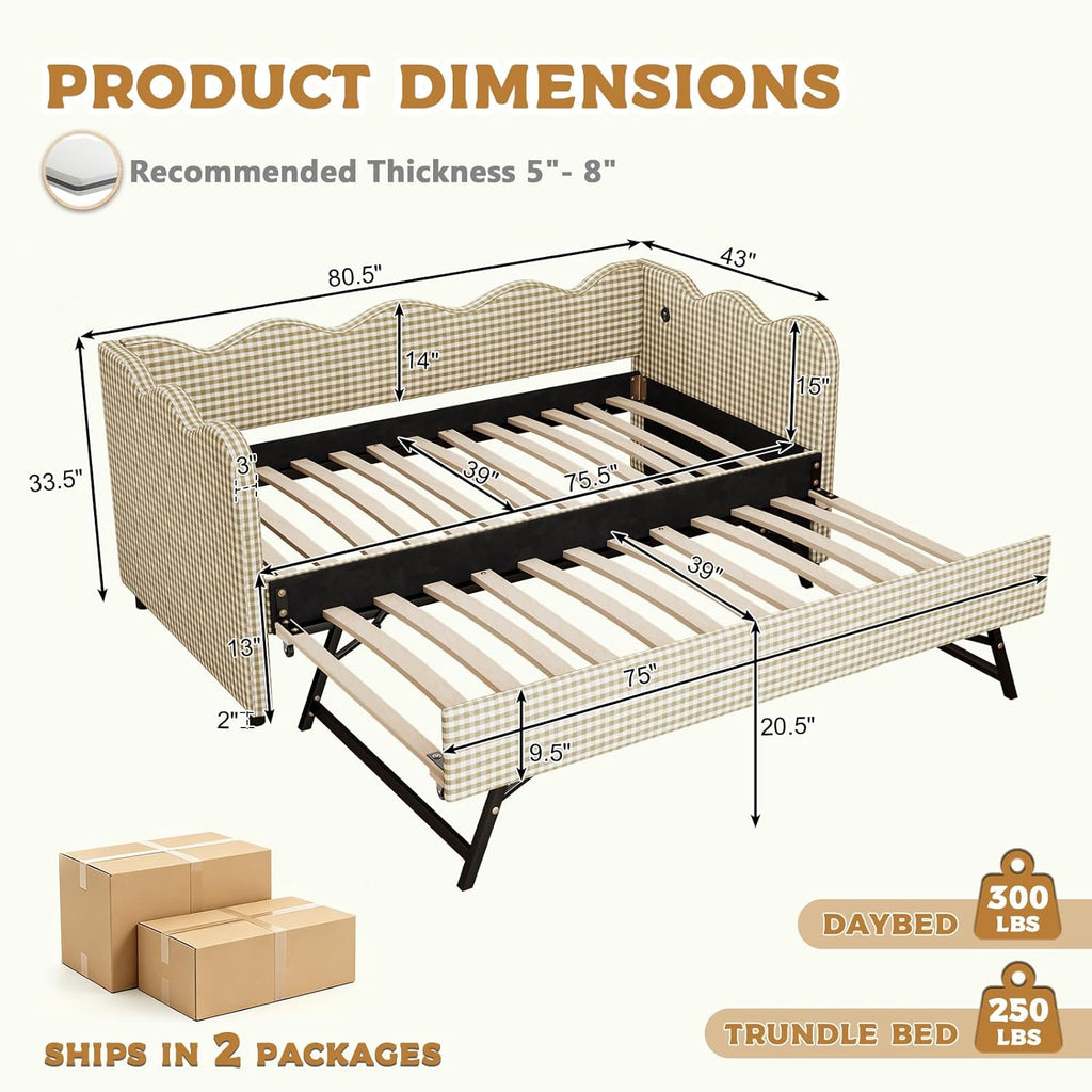 Twin Size Daybed with Pop Up Trundle, Twin to King Gingham Daybed with USB, Upholstery Adorable Wave Shaped Linen