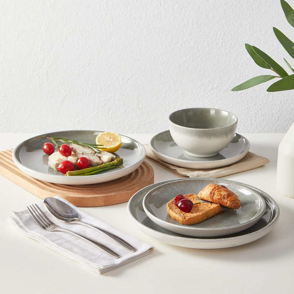 Gradient Green Stoneware Dinnerware Sets, 12 pcs Reactive Glaze Plates and Bowls Sets