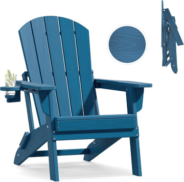Folding Adirondack Chair with Cup Holder, HDPE All-Weather, Navy | SGS Tested, Faux Wooden Textured, Heavy