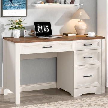 Farmhouse Executive Desk with Storage and Ample File Drawer, Rustic Large Home Writing Desk, White