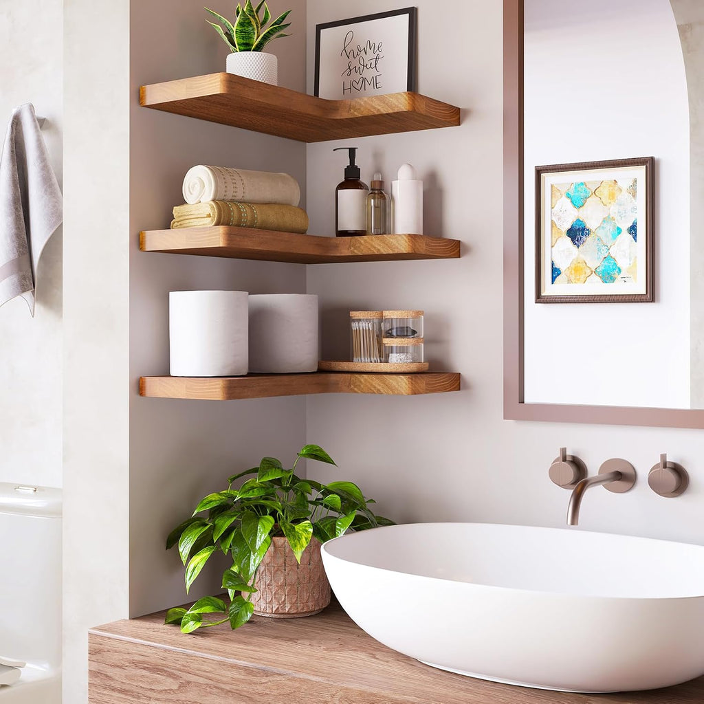 Corner Floating Shelves for Wall Mounted Natural Solid Wood 16"x11.4" Farmhouse Home Decor Display Shelving Set of 3