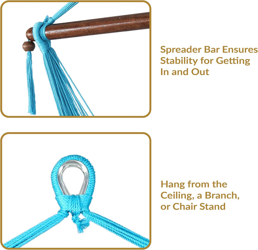 Hanging Hammock Chair Swing , Caribbean, Sky Blue | 300 lb Capacity, Wooden Spreader Bar, Woven Polyester, Hang From