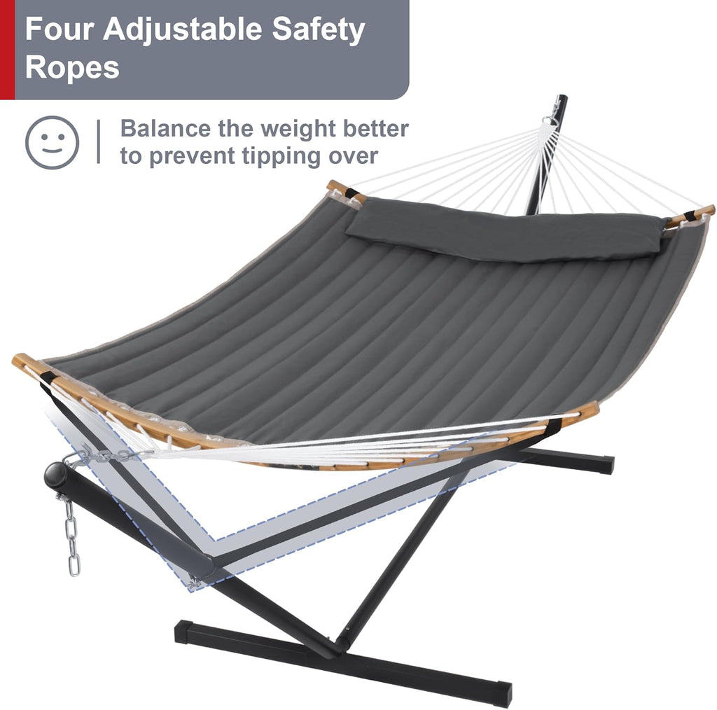 Heavy Duty Hammock with 12FT Stand, Double Hammock, Dark Gray | Large Hammock with Curved Spreader Bar, Pillow