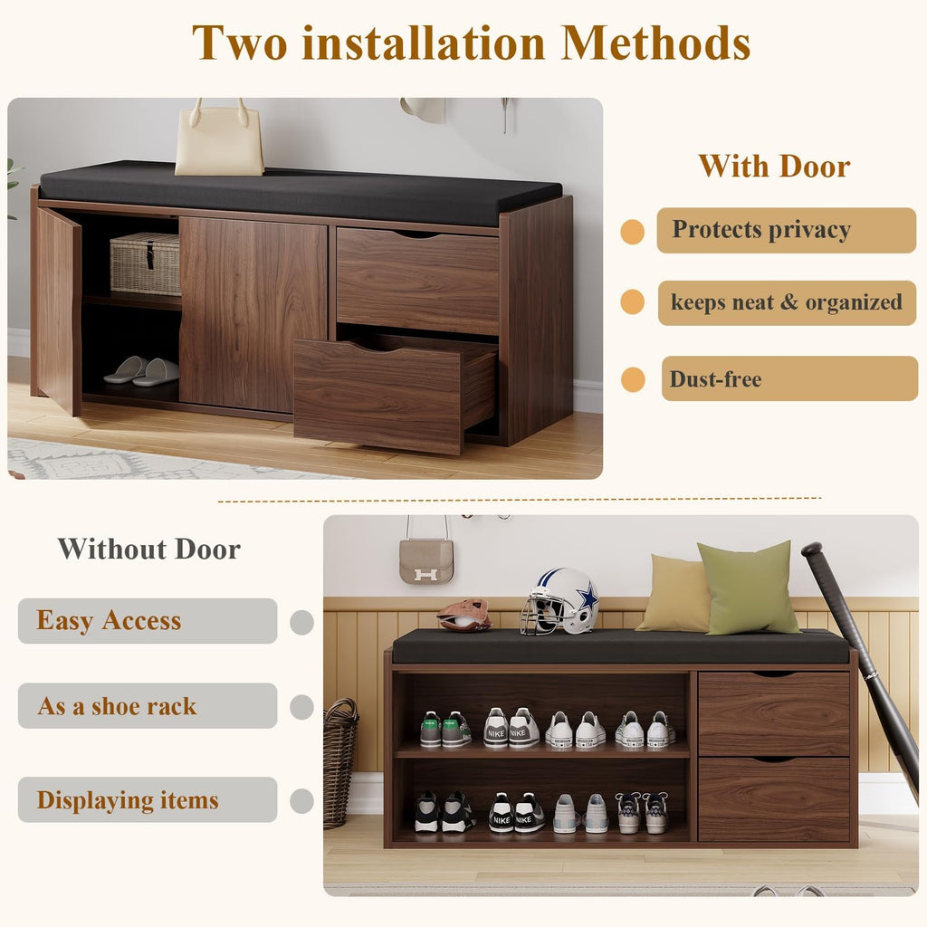 40" Entryway Storage Bench with Padded Seat Cushion, Wood Hidden Shoe Organizer Bench with 2 Drawers Cabinet