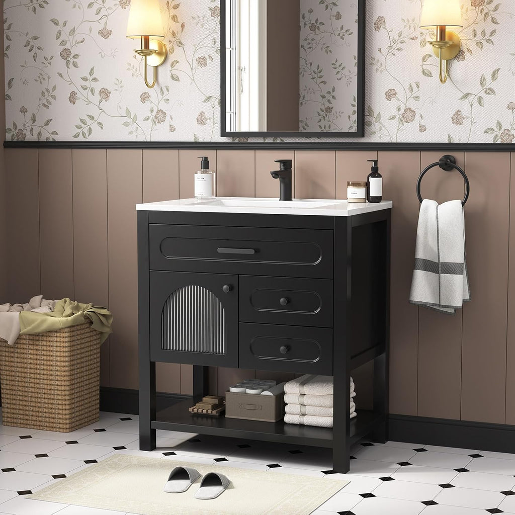 30" Black Freestanding Bathroom Vanity with Sink - Vanity Cabinet with Adjustable Feet