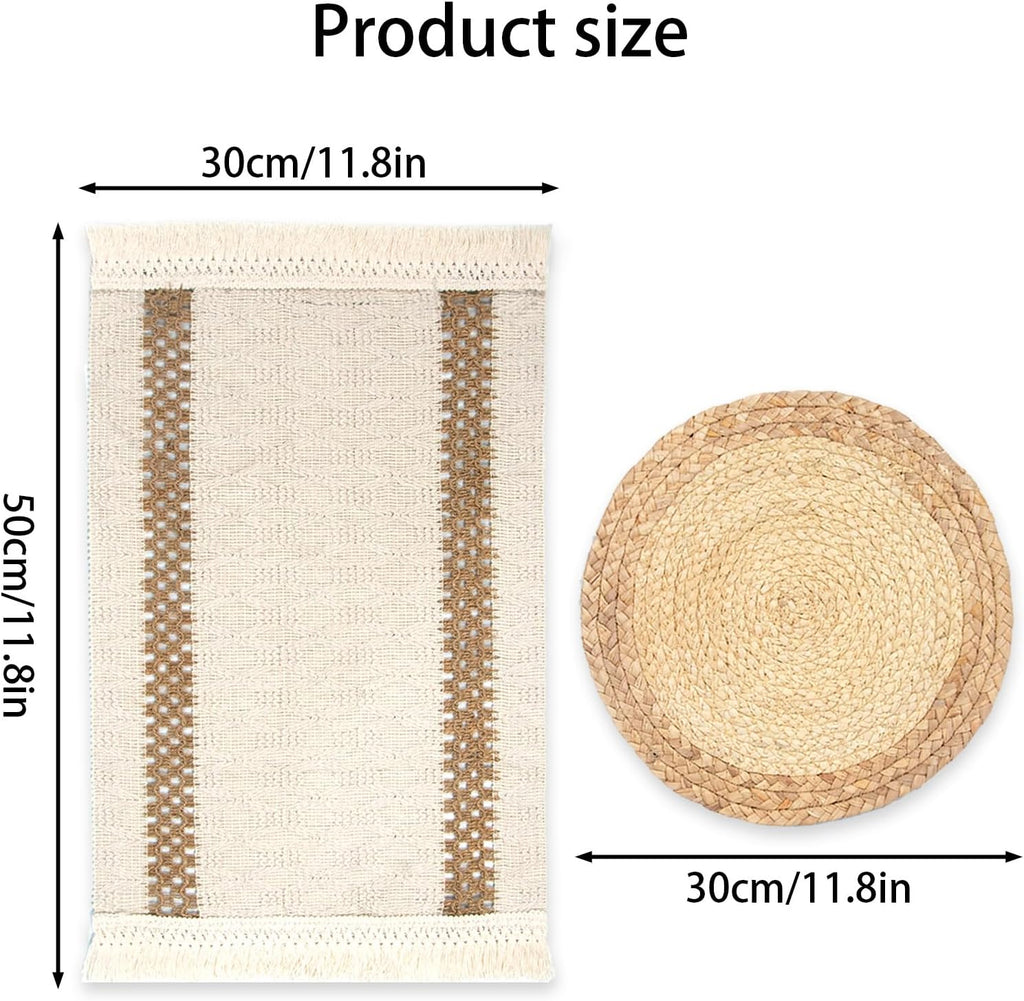 Boho Table Runner & 6-Piece Woven Placemats Set - Natural Cotton Burlap & Water Straw Combination, Bohemian Dining - Set of 6