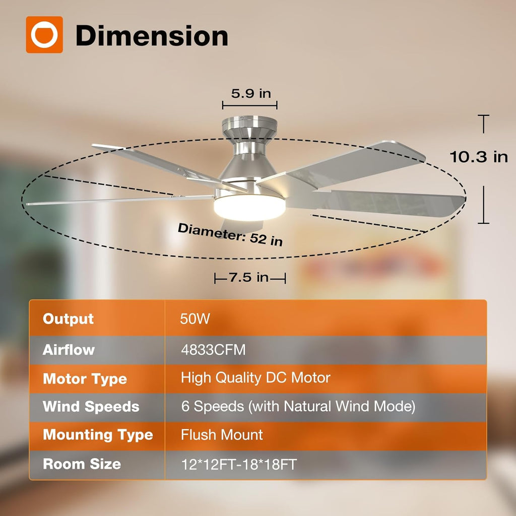Ceiling Fans with Lights, 52 inch Low Profile Ceiling Fan with Light and Remote Control, Flush Mount, Reversible, 3CCT, Dimmable, Noiseless, Nickel Ceiling Fan for Bedroom, Indoor/Outdoor Use