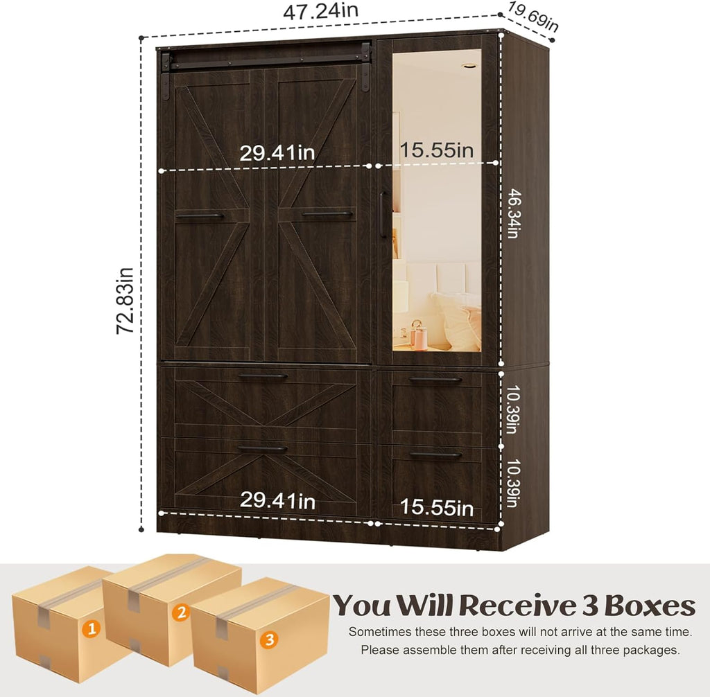 Armoire Wardrobe Closet with w/Folding Sliding Barn Door | Bedroom Armoires with Mirror and LED Lights, Hanging Rod
