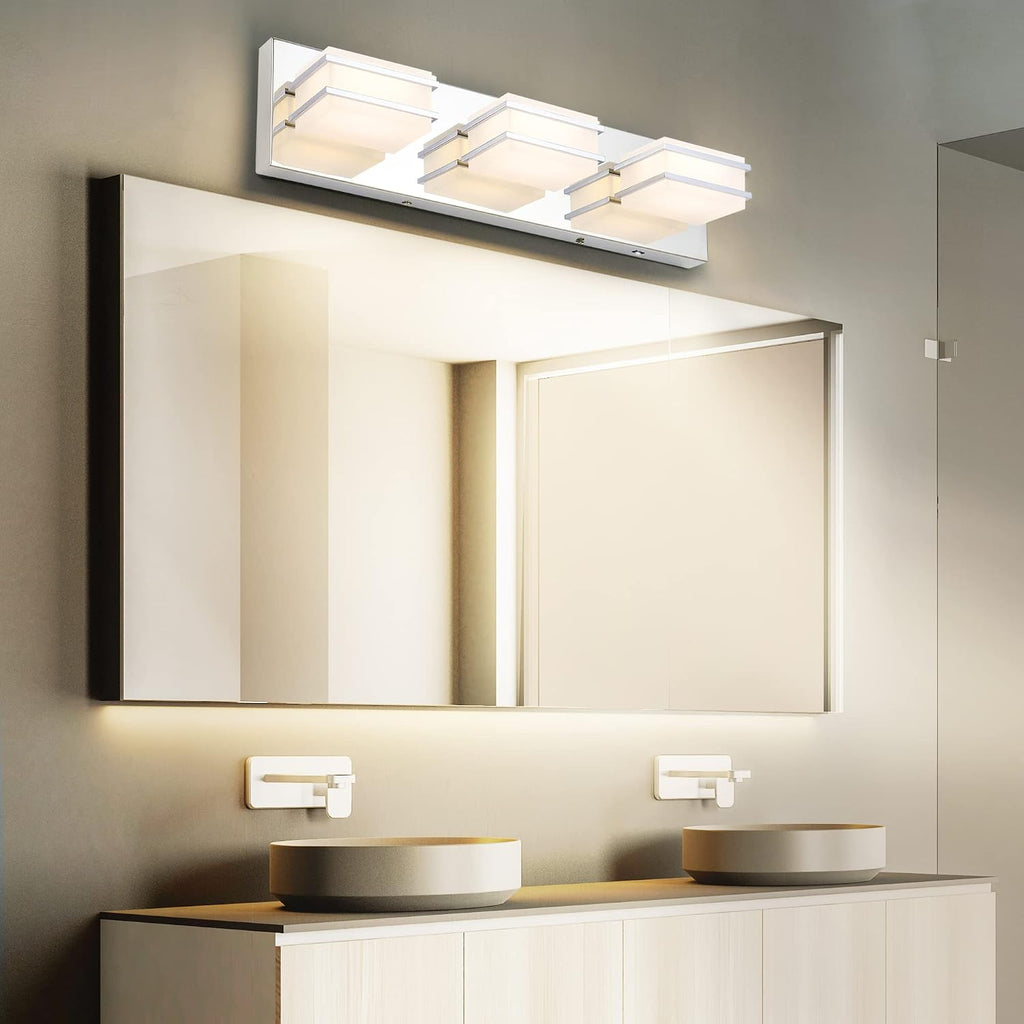 3 Color Temperature Dimmable Bathroom Light Fixtures over Mirror, LED Chrome 3 Light Vanity Lighting Fixtures