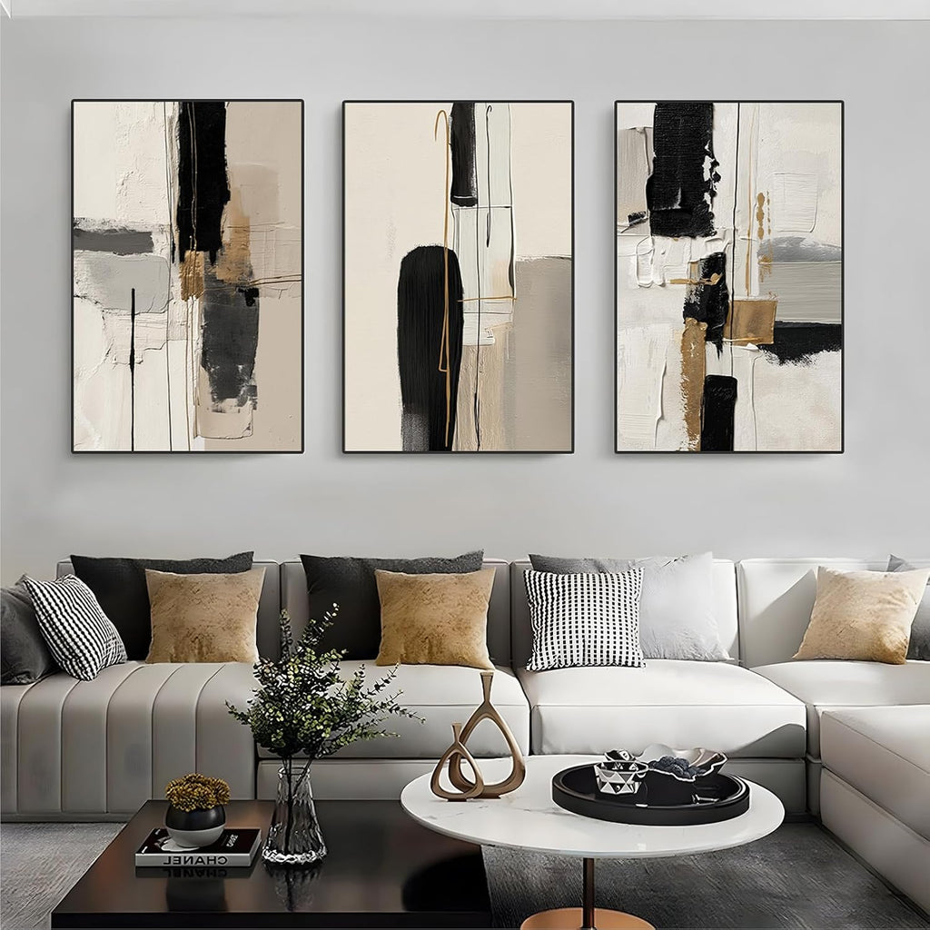 Large Neutral Abstract Wall Art Set of 3 Framed Canvas Prints, 24x36 Inch Modern Beige Black Abstract Paintings with