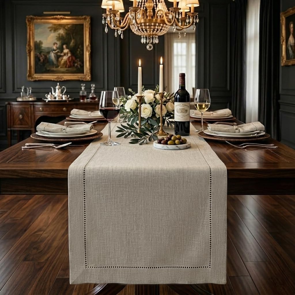 Signature LinenTM by D'Moksha, Natural Table Runner 108 Inches Long, 100% Pure Linen, Hemstitch, 14 x 108 Inch Table
