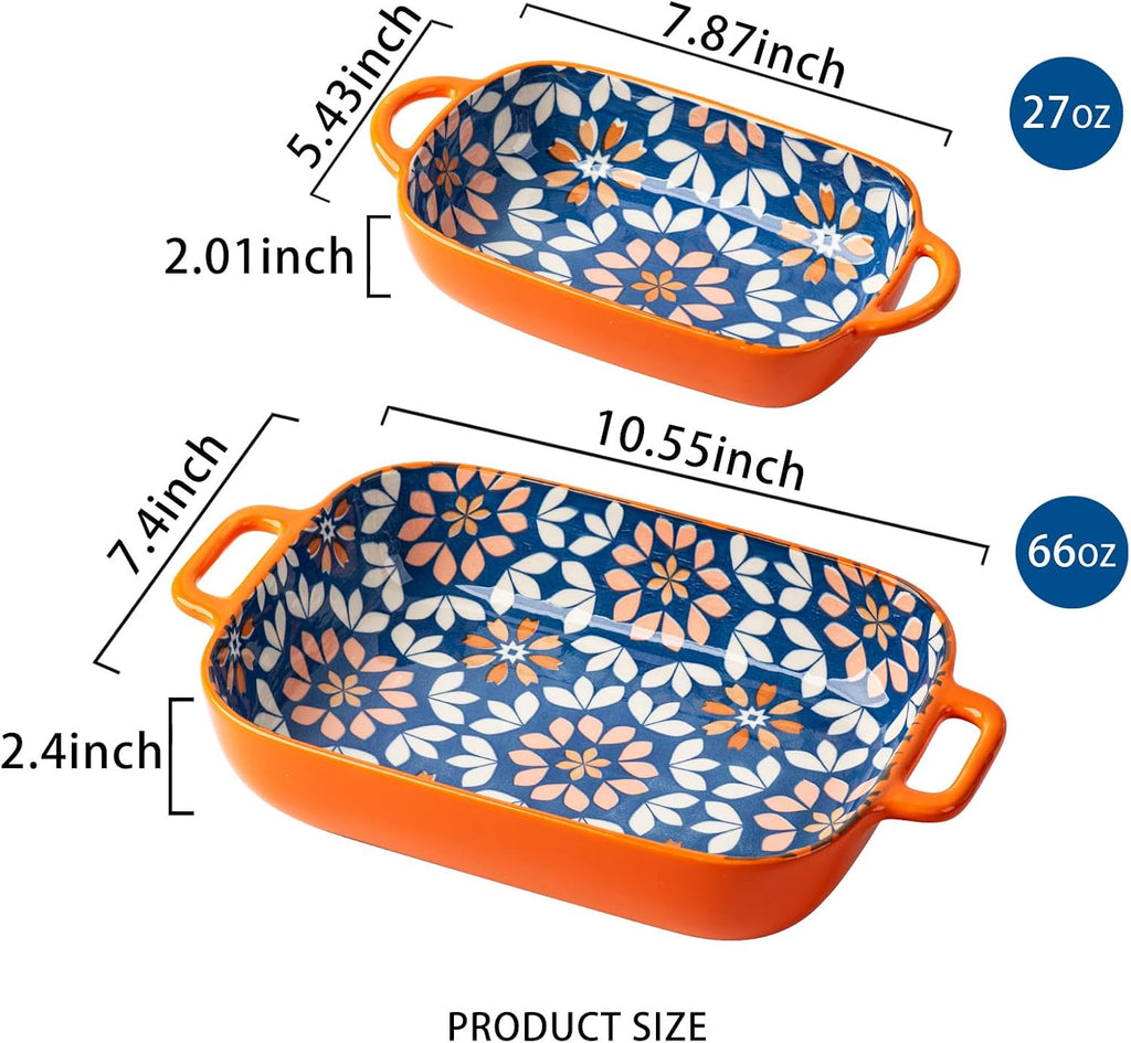 Ceramic Dish Set, 2-Piece Hand-painted Porcelain Rectangular Bakware set with Handles,Large 10.55"L*7.4"W and