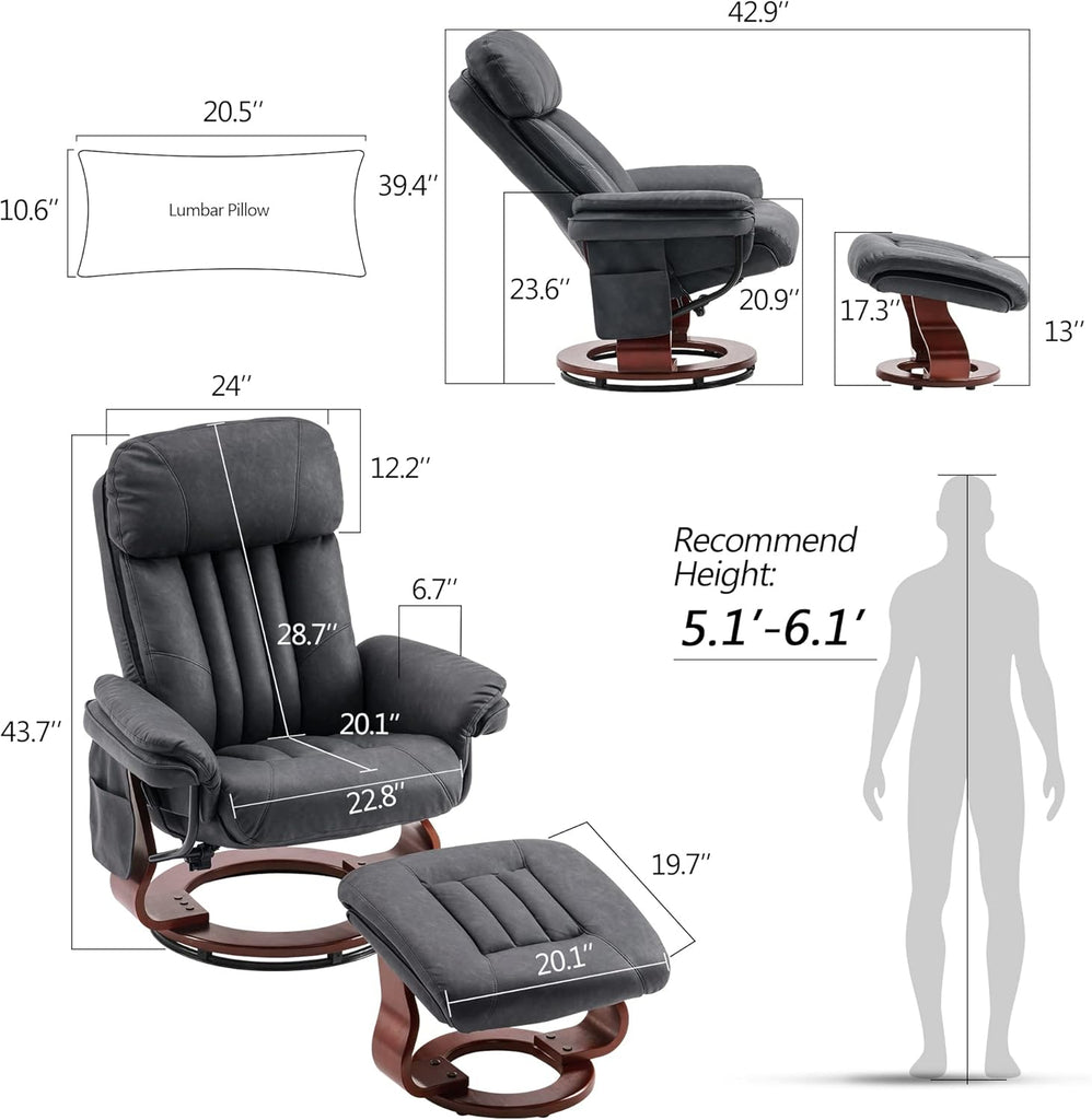 Modern Reclining Swivel Lounge Chair and Ottoman — Grey Faux Leather