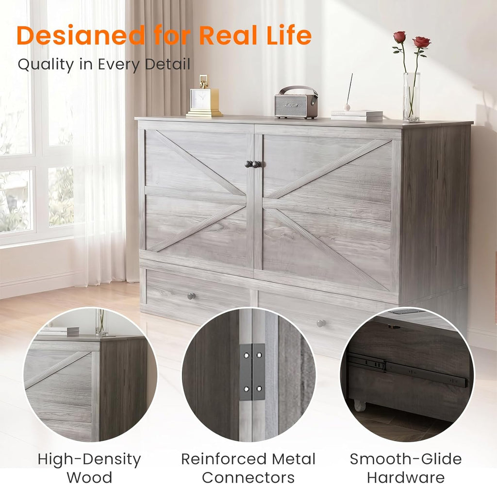 Full Murphy Bed with Tri-Folding Mattress，Murphy Bed Full with Charging Station and Storage Drawers for Small