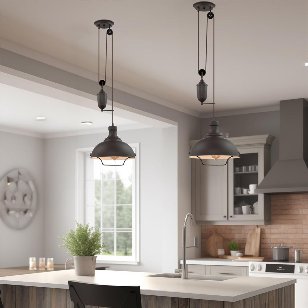 Sequoia 13" Large Industrial Pulley Pendant Light wtih Dome Shade and Counterweight