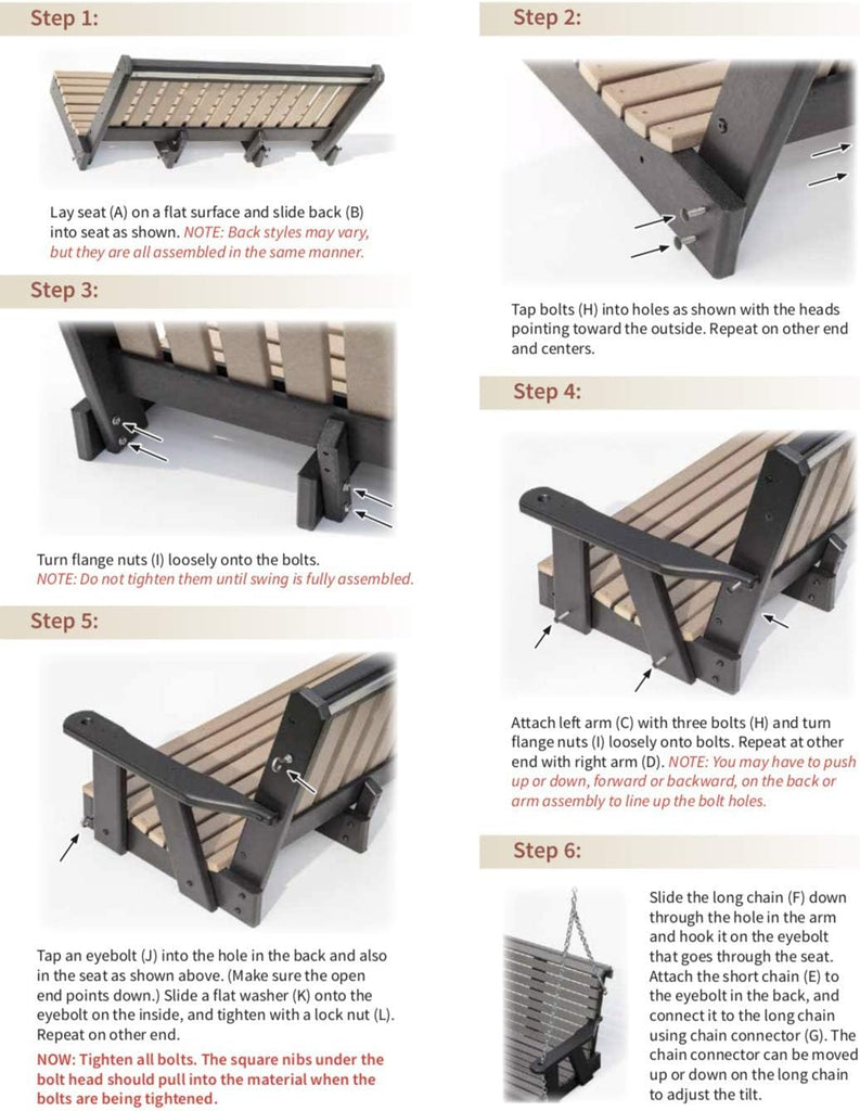 Poly Lumber Wood 5FT Porch Swing Amish Craftsmandship Made in USA HDPE with No wood fibers and 1000 lbs Limit.