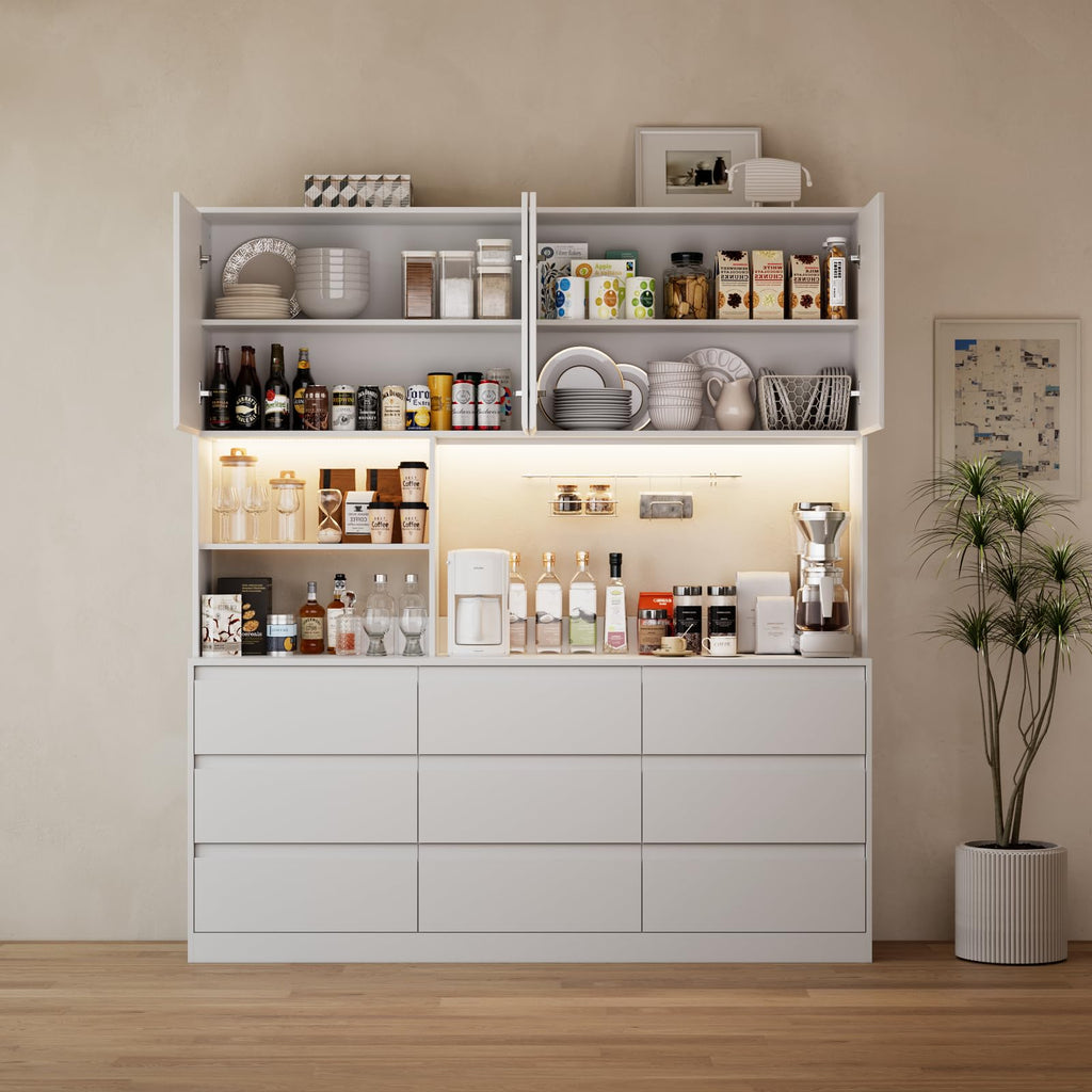 78" LED Pantry Cabinet with Countertop/Charging Station, Tall Kitchen Storage Cabinet with 9 Drawers, 71 "W 4 Door
