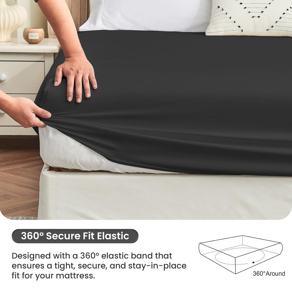 Full Fitted Sheet with Corner Straps, Brushed Microfiber, Black