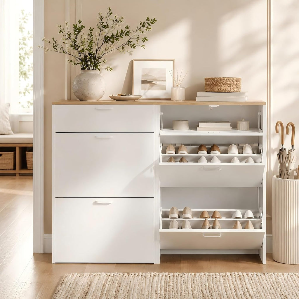 Shoe Cabinet Storage Ultra Slim with 2 Flip &1Drop-Down Drawers, 24.8" W Narrow Shoe Cabinet for Front Door