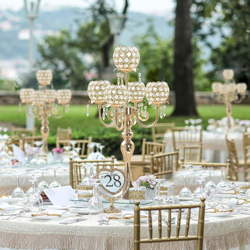 Set of 4 Candlesticks 5 Arm Crystal Strap Pendant Gold Table Decor Candelabra, 22.5 inches Elegant Dining Room
