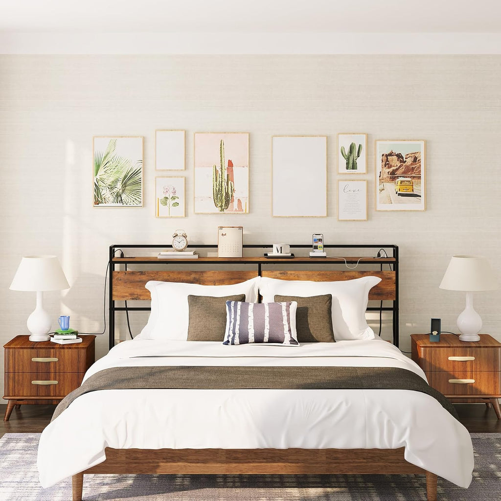 King Headboard, Headboard with 2 Outlets and 4 USB Ports, Adjustable Height, Storage Rack, Sturdy and Stable