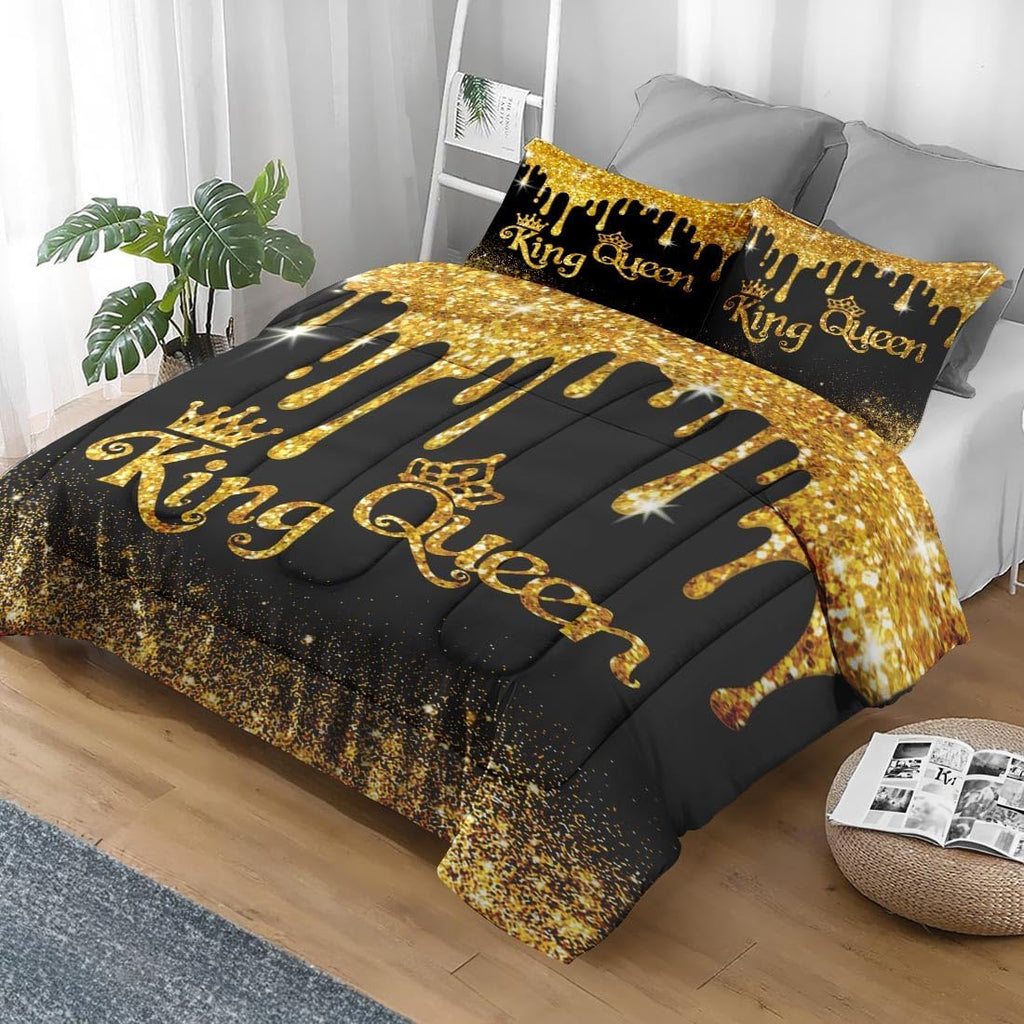 Comforter Set Queen, King Queen Black Gold 3 Pcs Soft Bedding for Kids and Adults
