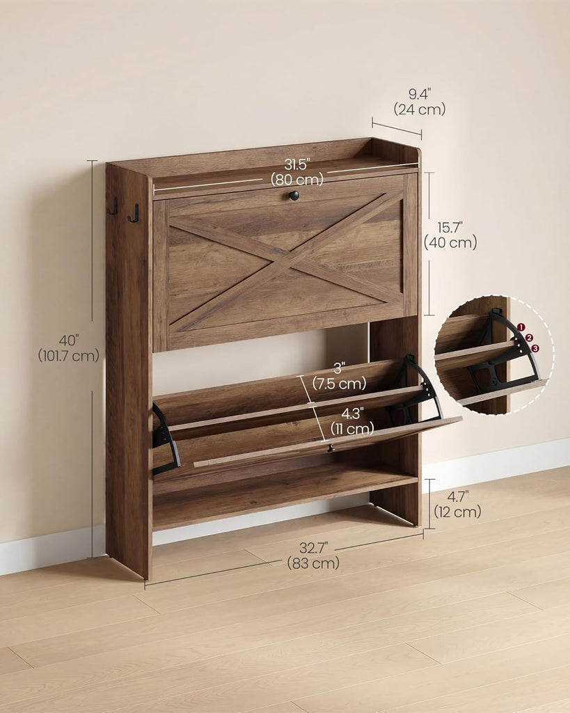 Shoe Storage Cabinet Organizer with 2 Flip Drawers, Freestanding Narrow Shoe Rack Cabinet , Farmhouse Style, Fits 14